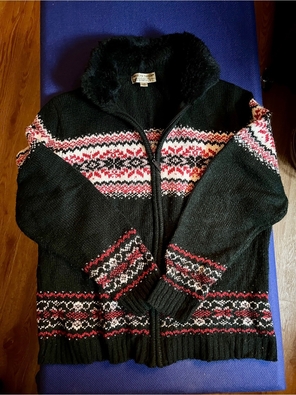 Carolyn Taylor Essentials Black Fair Isle Nordic Full Zip Sweater Faux Fur Colla